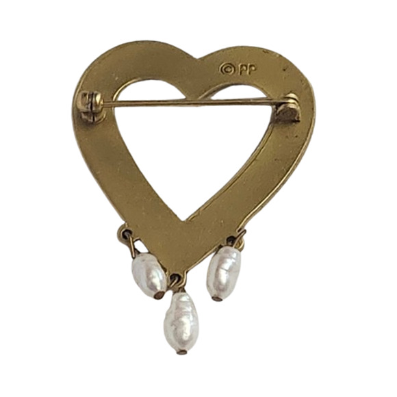 Vtg Signed PP Matte Gold Textured Open Heart Freshwater Dangle Pearls Pin Brooch - Picture 3 of 3